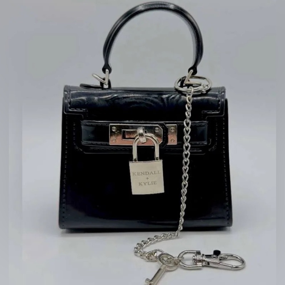 Kendall & Kylie Black Patent Top-Handle Mini Bag with Silver Chain Lock